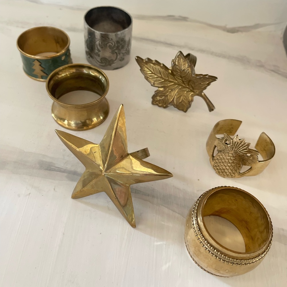 Brass Napkin Rings Set Of 7 Misc Bulk Different Gold Holders Vintage rare